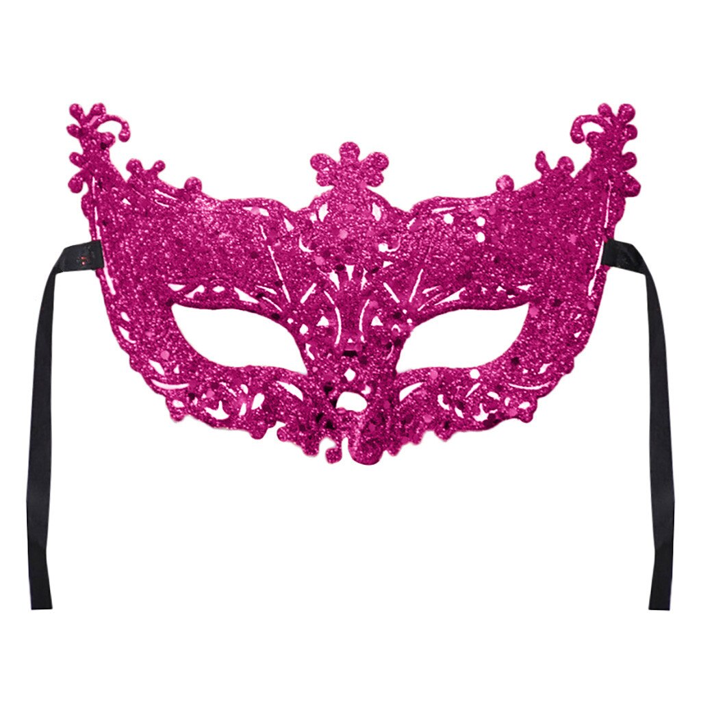 Masque loup vénitien en dentelle fuchsia avec motifs baroques et attaches noires
