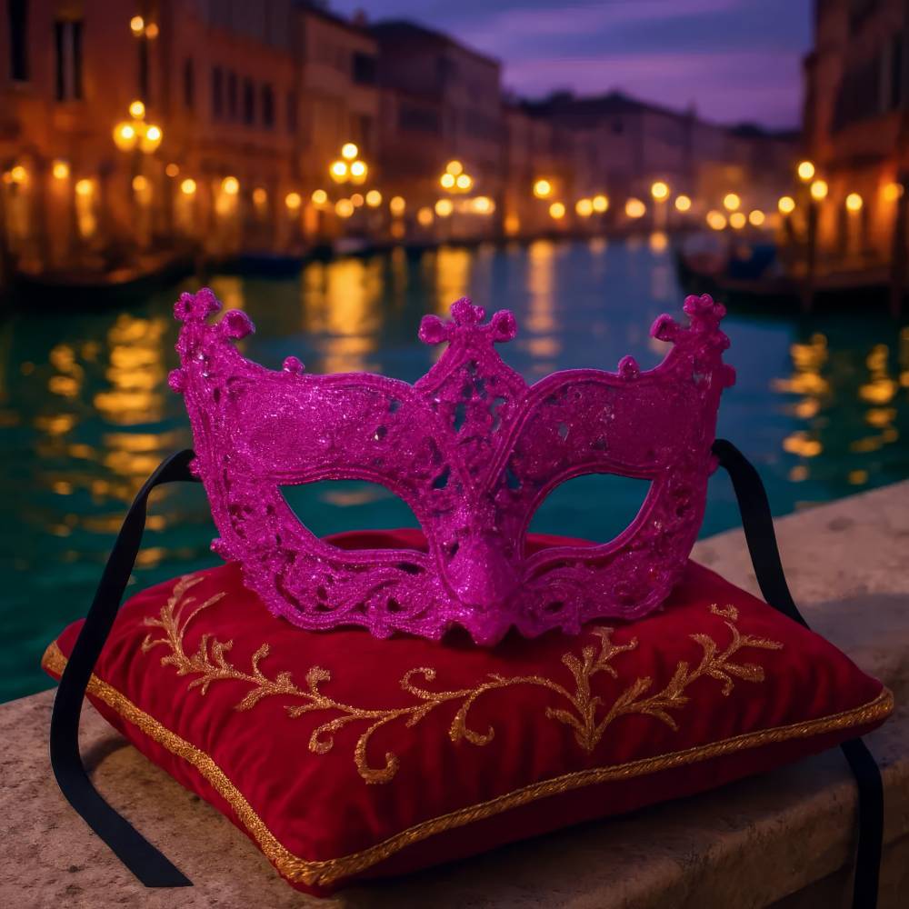 Masque loup vénitien en dentelle rose fuchsia posé sur un coussin rouge brodé doré, décor baroque