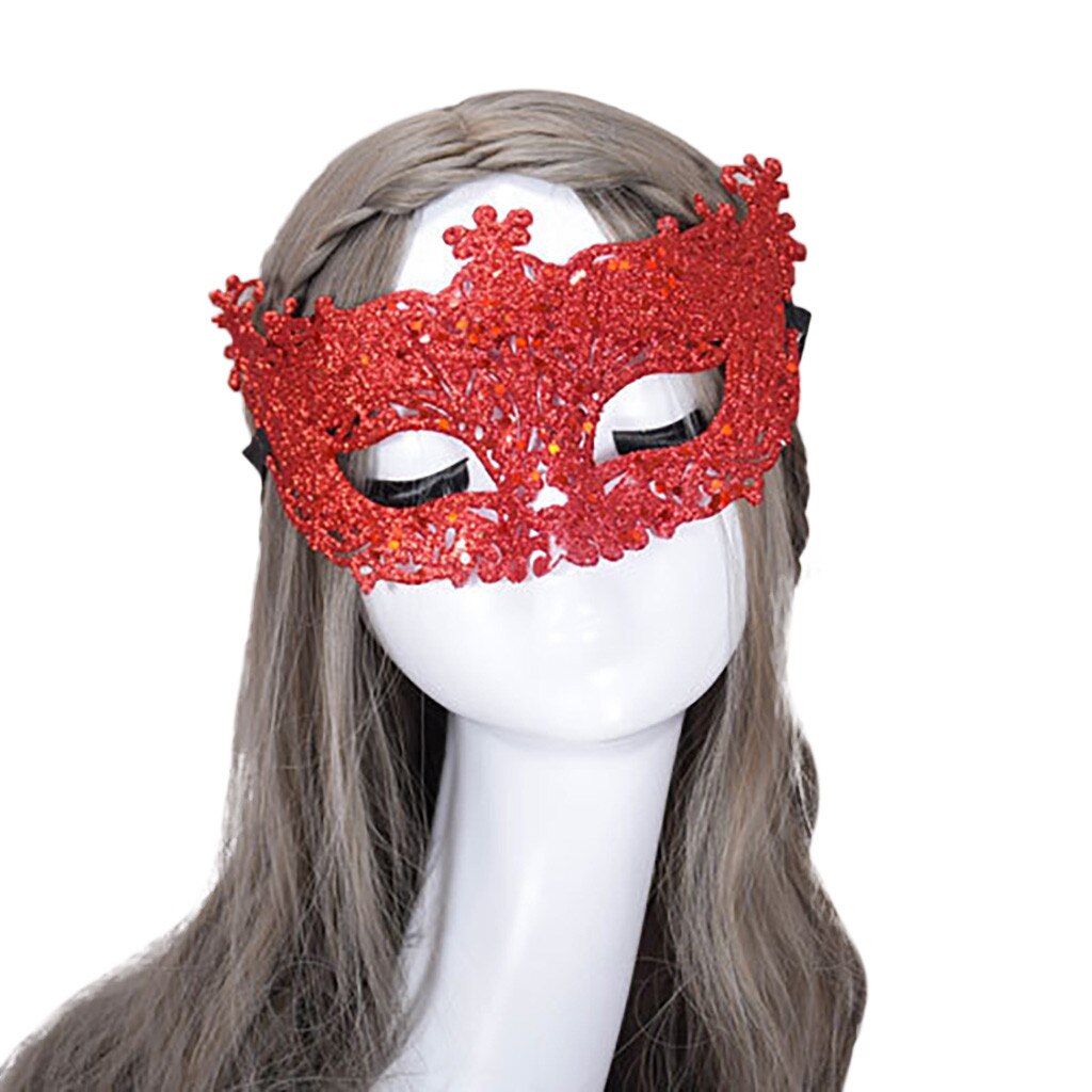 Masque loup vénitien rouge en dentelle avec motifs floraux et détails festifs