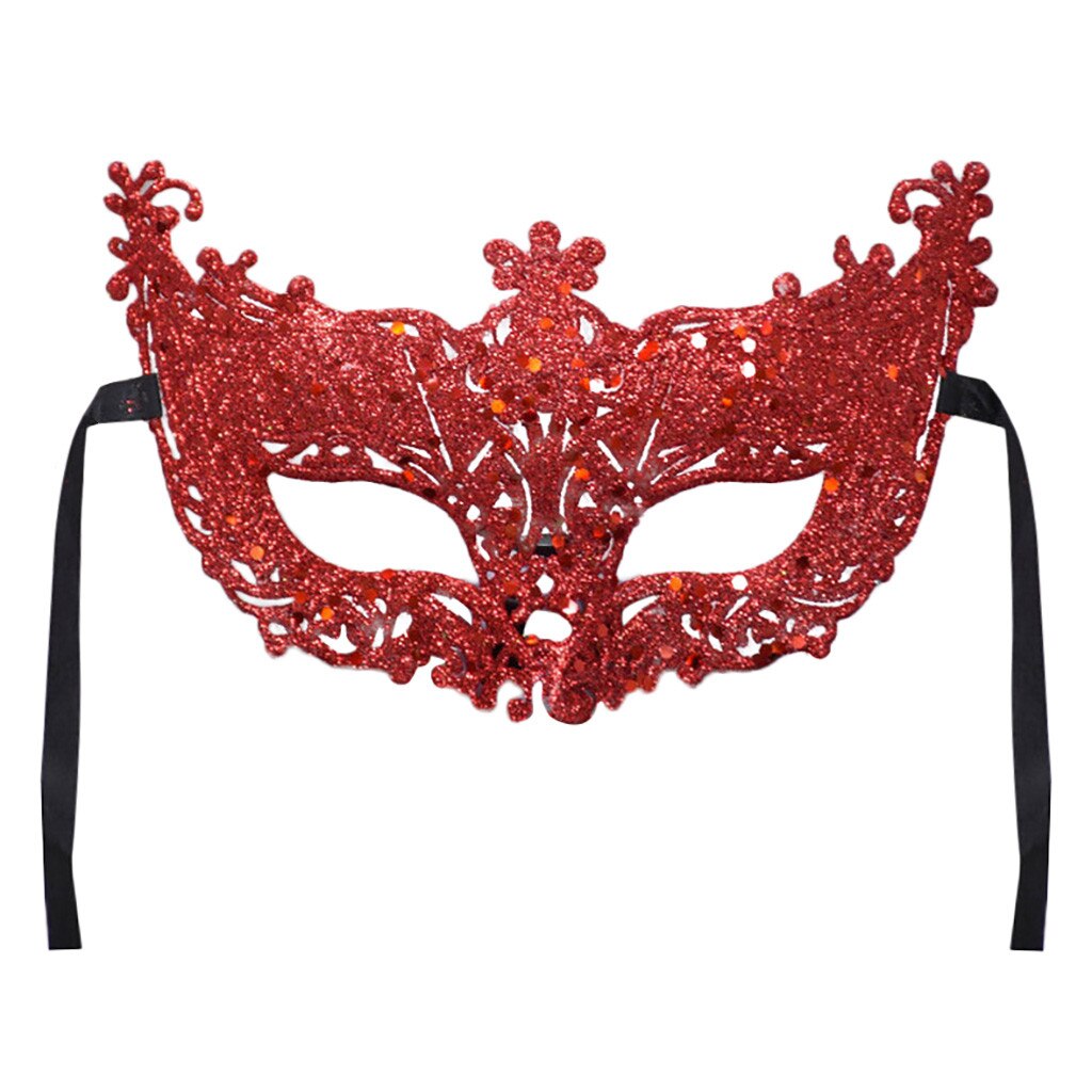 Masque loup vénitien rouge en dentelle avec motifs baroques et strass, vue de face