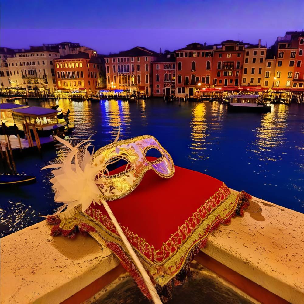 Masque vénitien blanc et argenté avec plumes blanches et bâton, posé sur un coussin rouge brodé doré, avec vue nocturne sur un canal de Venise en arrière-plan