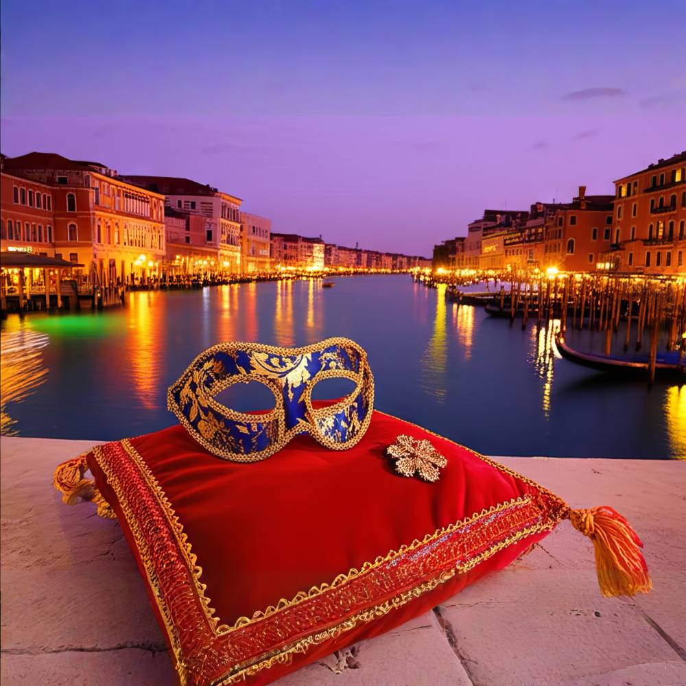 Masque vénitien bleu en tissu et ornement doré posé sur un coussin rouge avec franges dorées, avec un décor de canal vénitien au crépuscule en arrière-plan