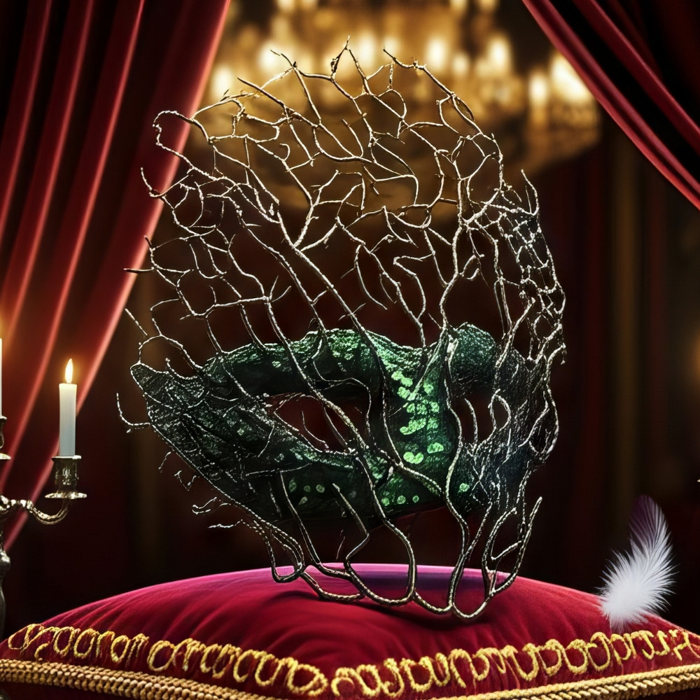 Masque vénitien noir en forme de branches délicates avec décor de strass verts posé sur un coussin rouge brodé doré