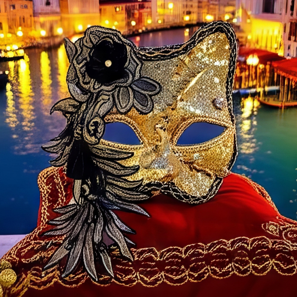 Masque vénitien chat doré avec motifs baroques noirs, strass et fleur en tissu, décor élégant pour carnaval de Venise