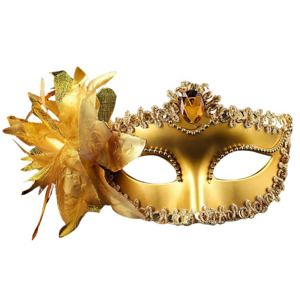 Masque vénitien doré en matière brillante avec bordure en dentelle dorée et décoration florale en tissu et plumes dorées sur le côté gauche