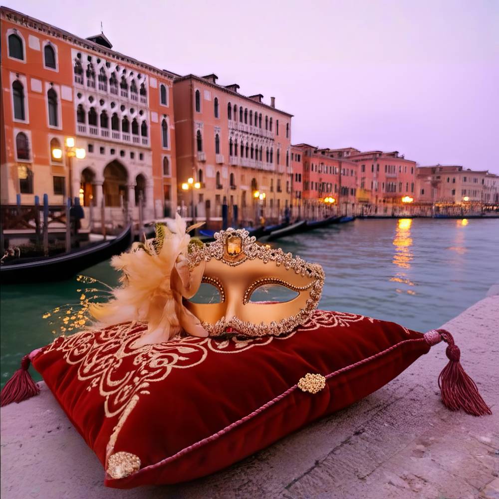Masque vénitien doré avec plumes et strass posé sur un coussin rouge brodé au bord d'un canal à Venise au coucher du soleil