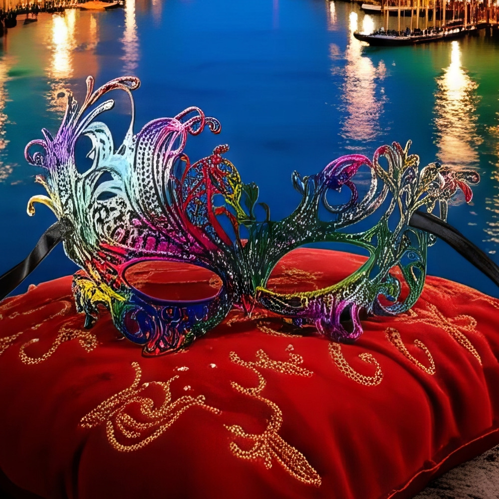 Masque vénitien élégant en métal multicolore avec motifs baroques ajourés posé sur un coussin rouge brodé au bord d'un canal vénitien de nuit