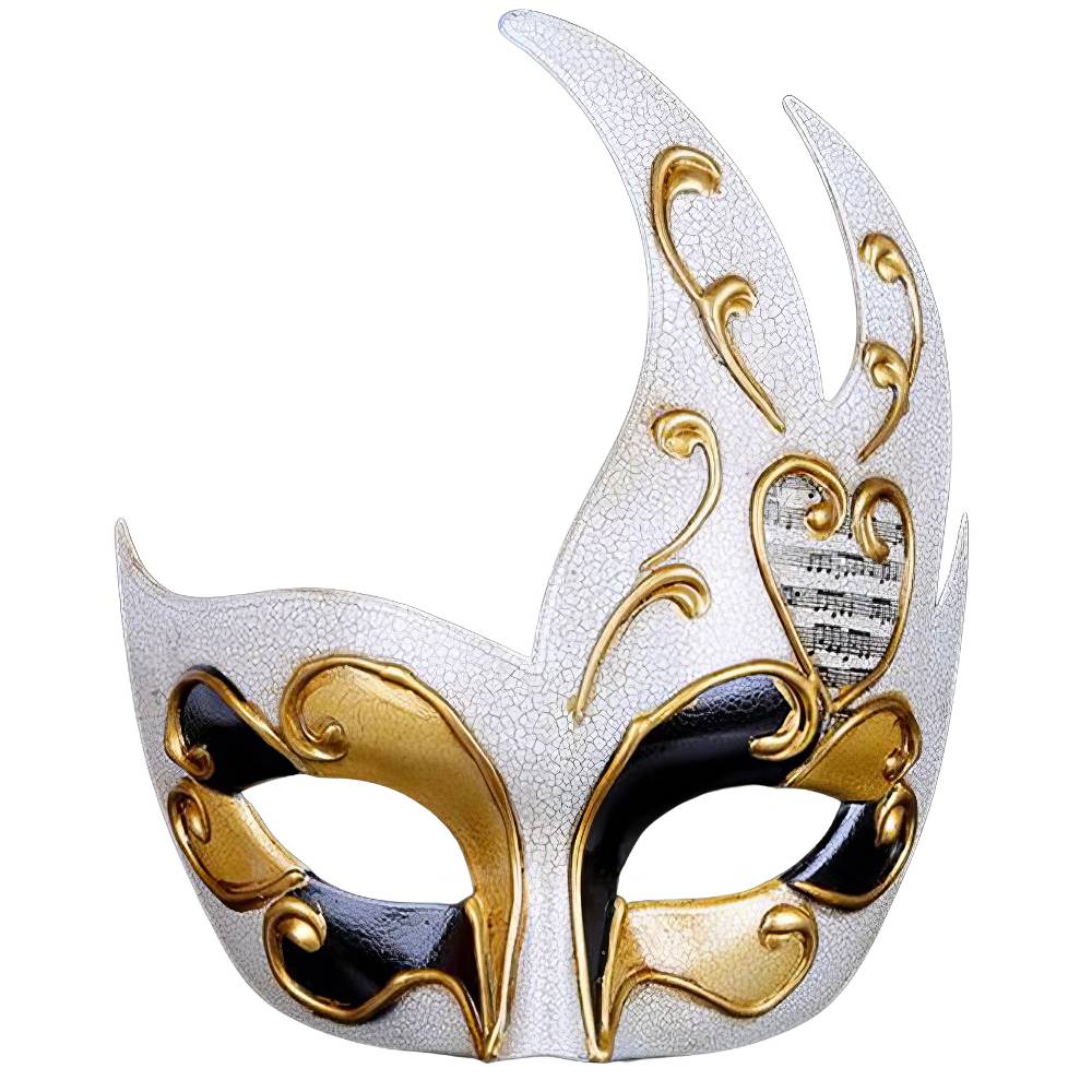 Masque vénitien flamme blanc et doré avec motifs baroques et détails en forme de flammes