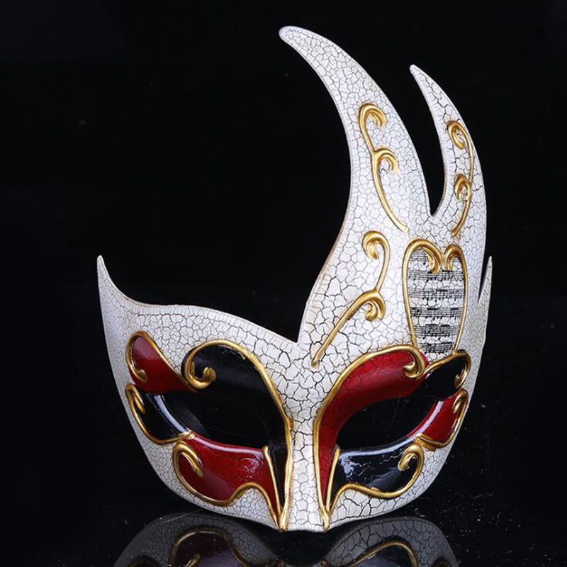 Masque vénitien Flamme blanc et rouge avec motifs dorés et texture craquelée, détail décoratif en strass sur le front
