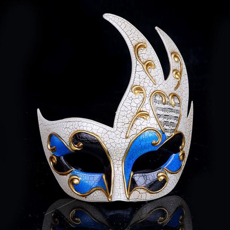 Masque vénitien flamme en céramique blanche craquelée avec motifs dorés et détails bleus et noirs