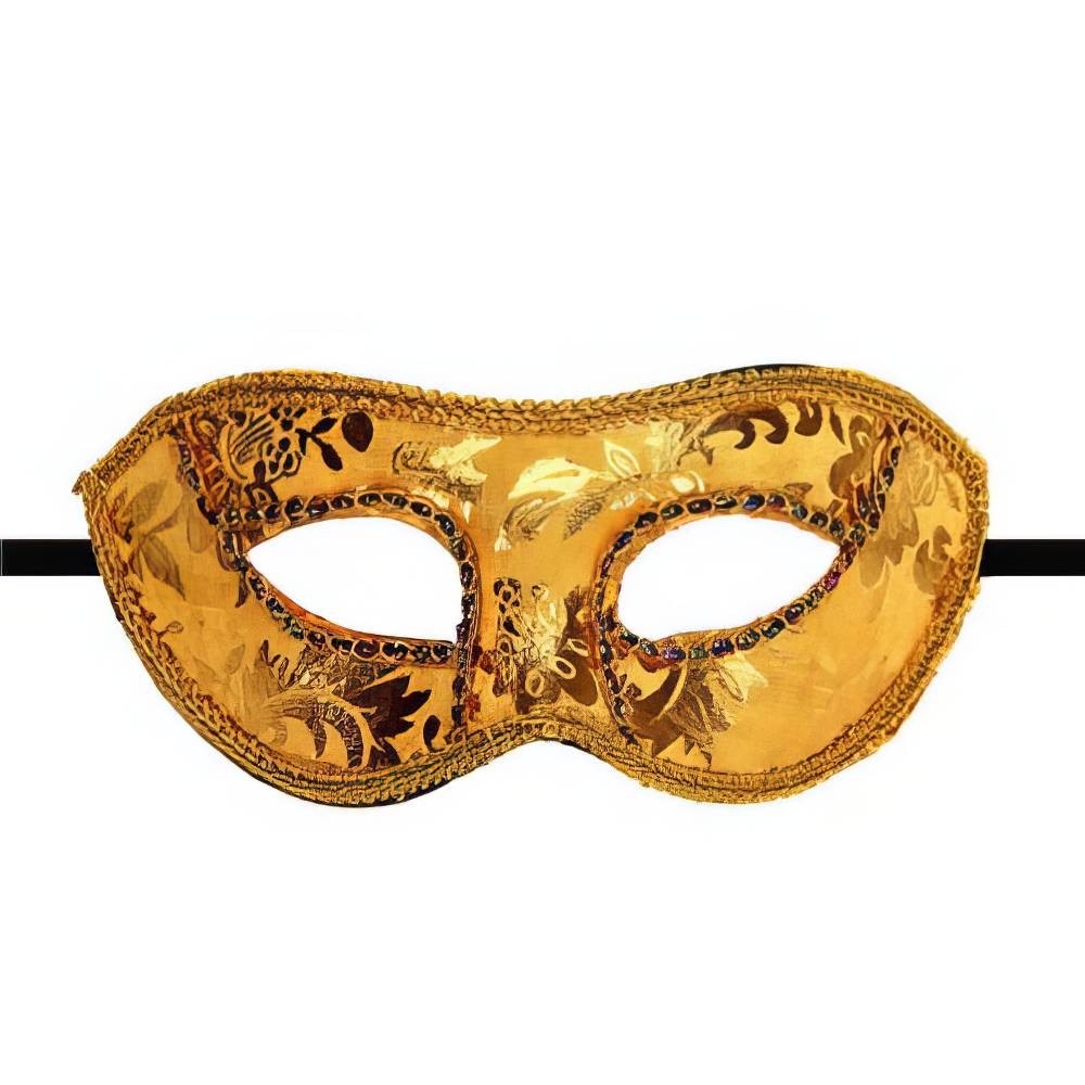 Masque vénitien doré en tissu avec motif floral noir et doré, bordure en dentelle dorée, modèle floral