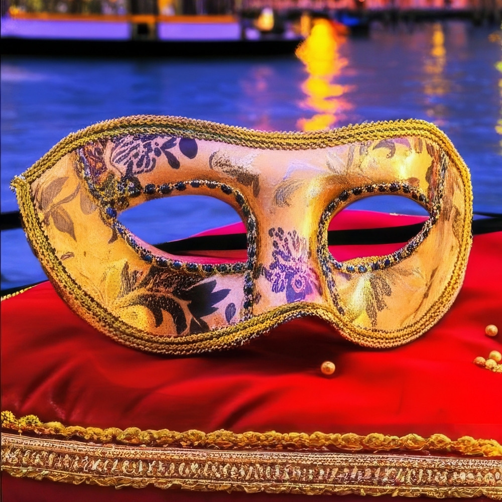 Masque vénitien floral doré en tissu avec motifs baroques noirs et dorés posé sur coussin rouge