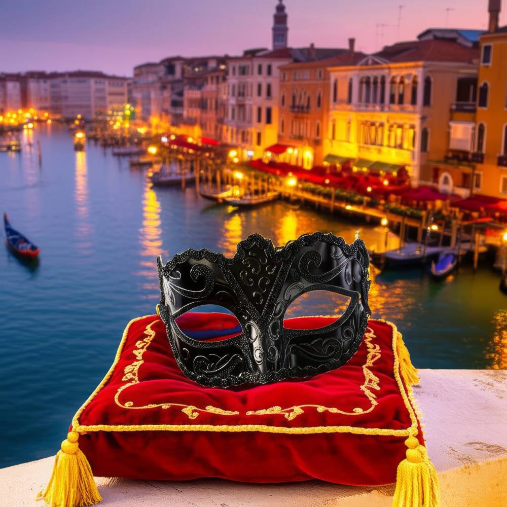 Masque vénitien homme noir en résine avec motifs baroques, posé sur un coussin rouge orné de franges dorées, devant un canal de Venise au coucher du soleil