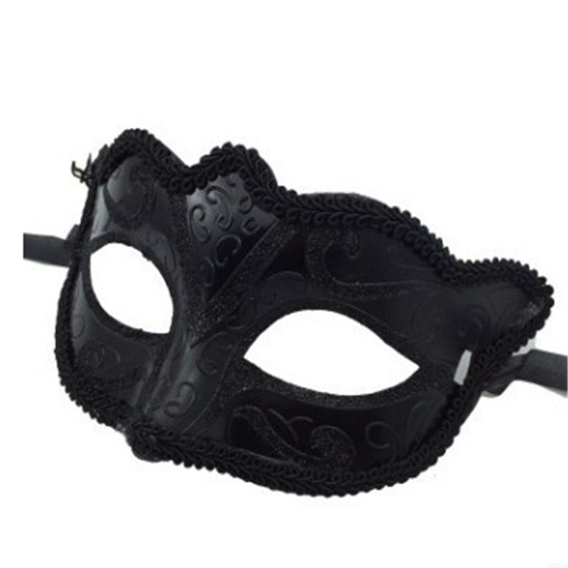 Masque vénitien homme noir en cuir avec motifs baroques embossés et bordure en dentelle