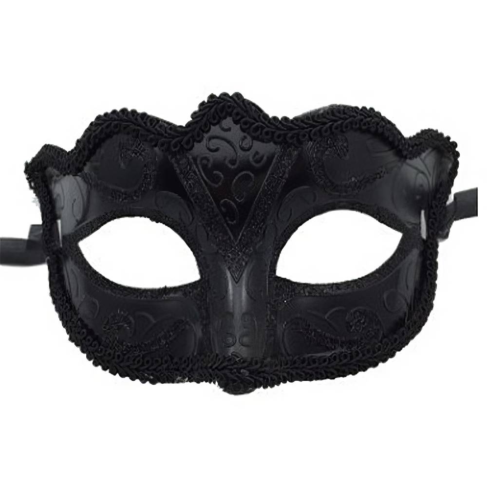 Masque vénitien homme noir en matière rigide avec motifs baroques embossés et bordure en dentelle noire