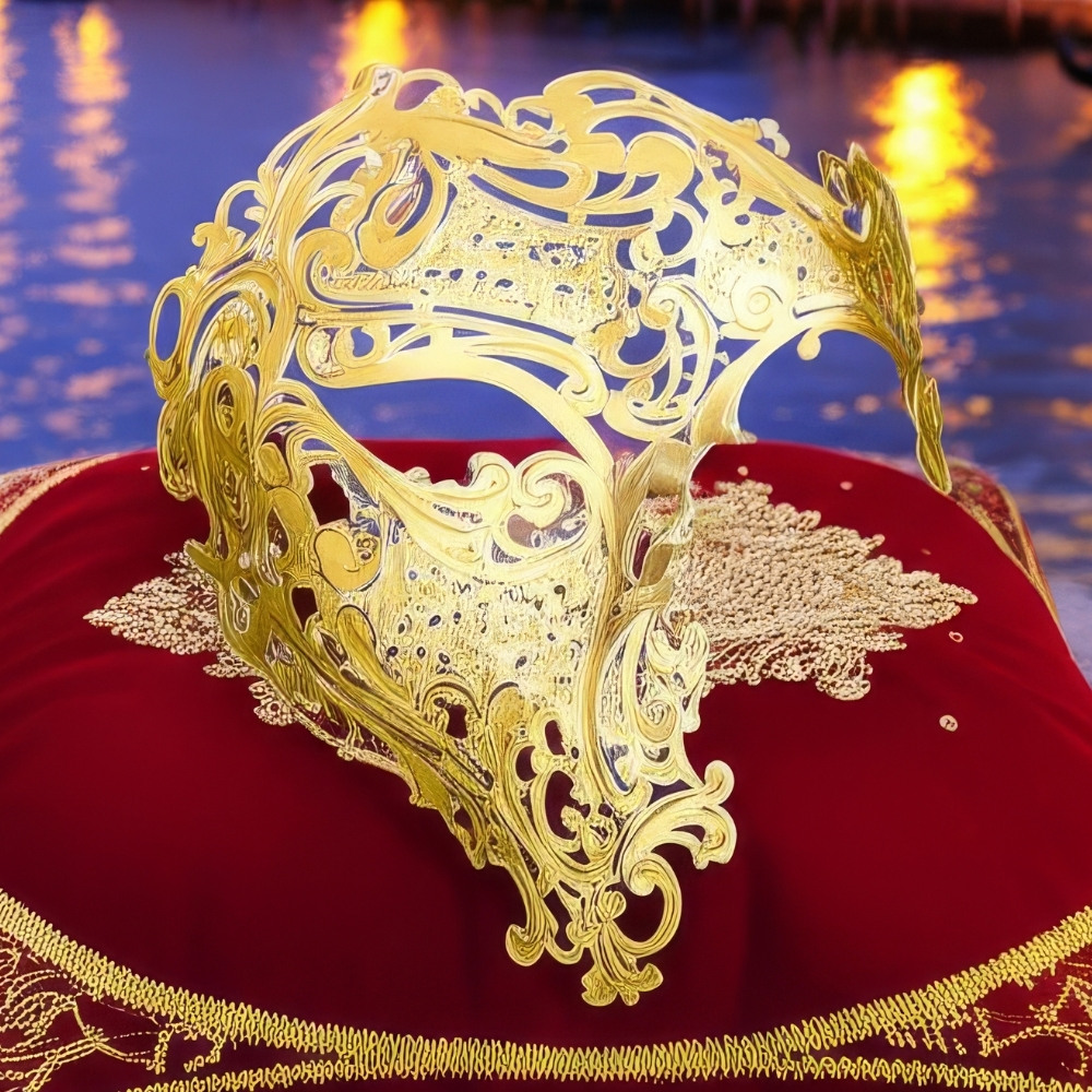 Masque vénitien intégral doré en métal finement découpé posé sur un coussin rouge avec broderies dorées
