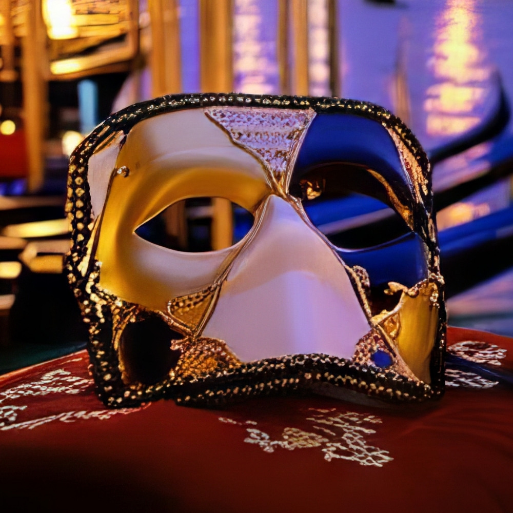 Masque vénitien intégral en plastique doré et noir avec décorations baroques et bordure en perles noires