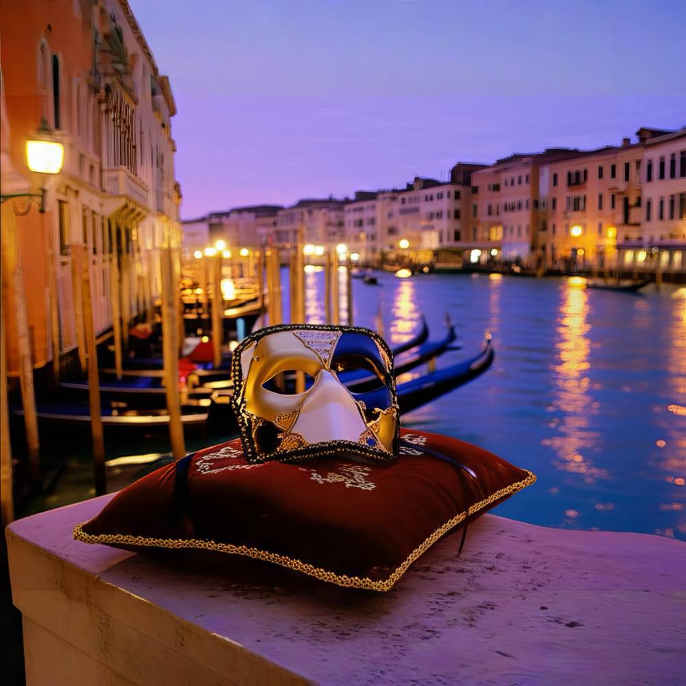 Masque vénitien intégral musique noir et doré en métal posé sur un coussin rouge brodé au bord de canal à Venise au coucher du soleil