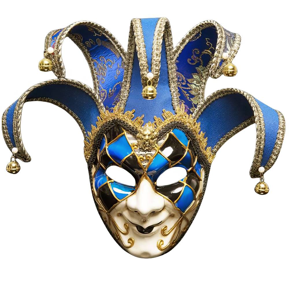 Masque vénitien Joker bleu et blanc avec motifs dorés, forme de bouffon à clochettes dorées