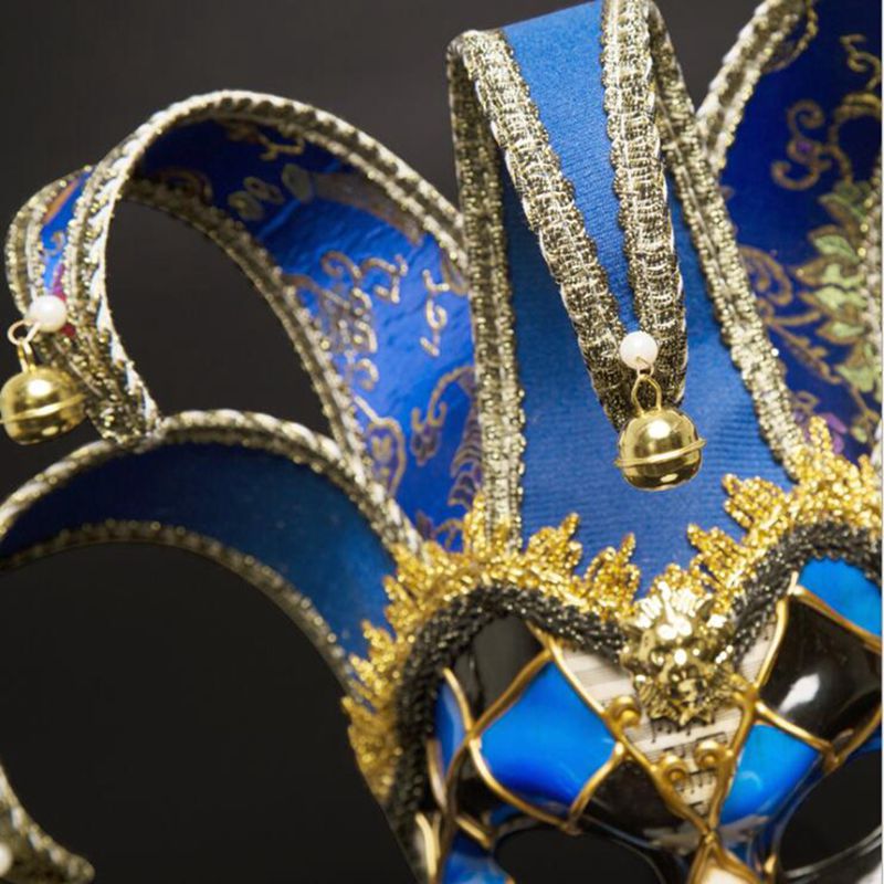 Masque vénitien Joker bleu et doré en tissu avec clochettes dorées et broderies baroques