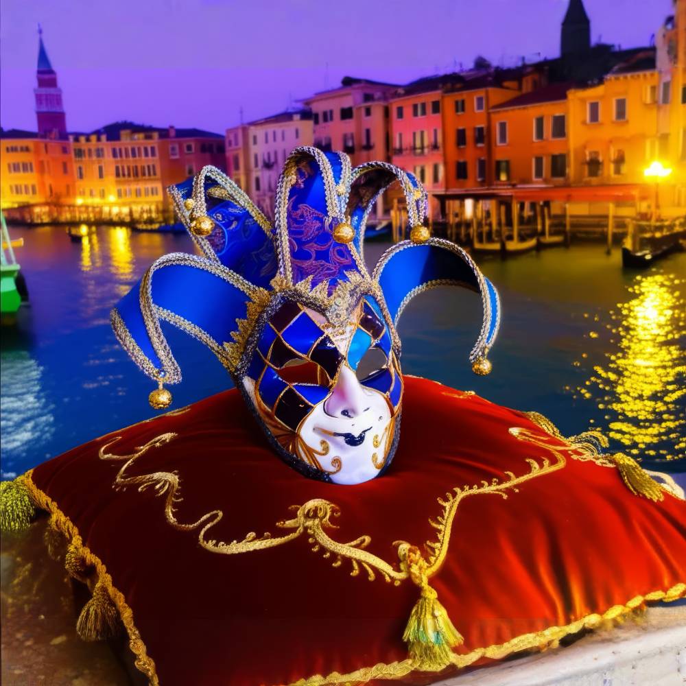 Masque vénitien Joker bleu et doré en tissu et strass posé sur un coussin rouge brodé avec Venise en arrière-plan au crépuscule