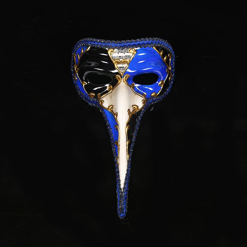 Masque vénitien long nez en céramique bleu, noir et blanc avec décor doré et bordure bleue