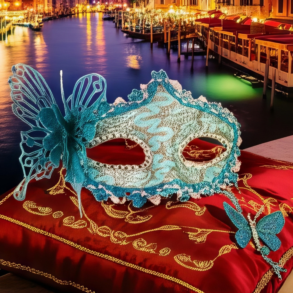 Masque vénitien loup en dentelle turquoise avec papillons décoratifs, orné de strass et perles, posé sur tissu rouge brodé