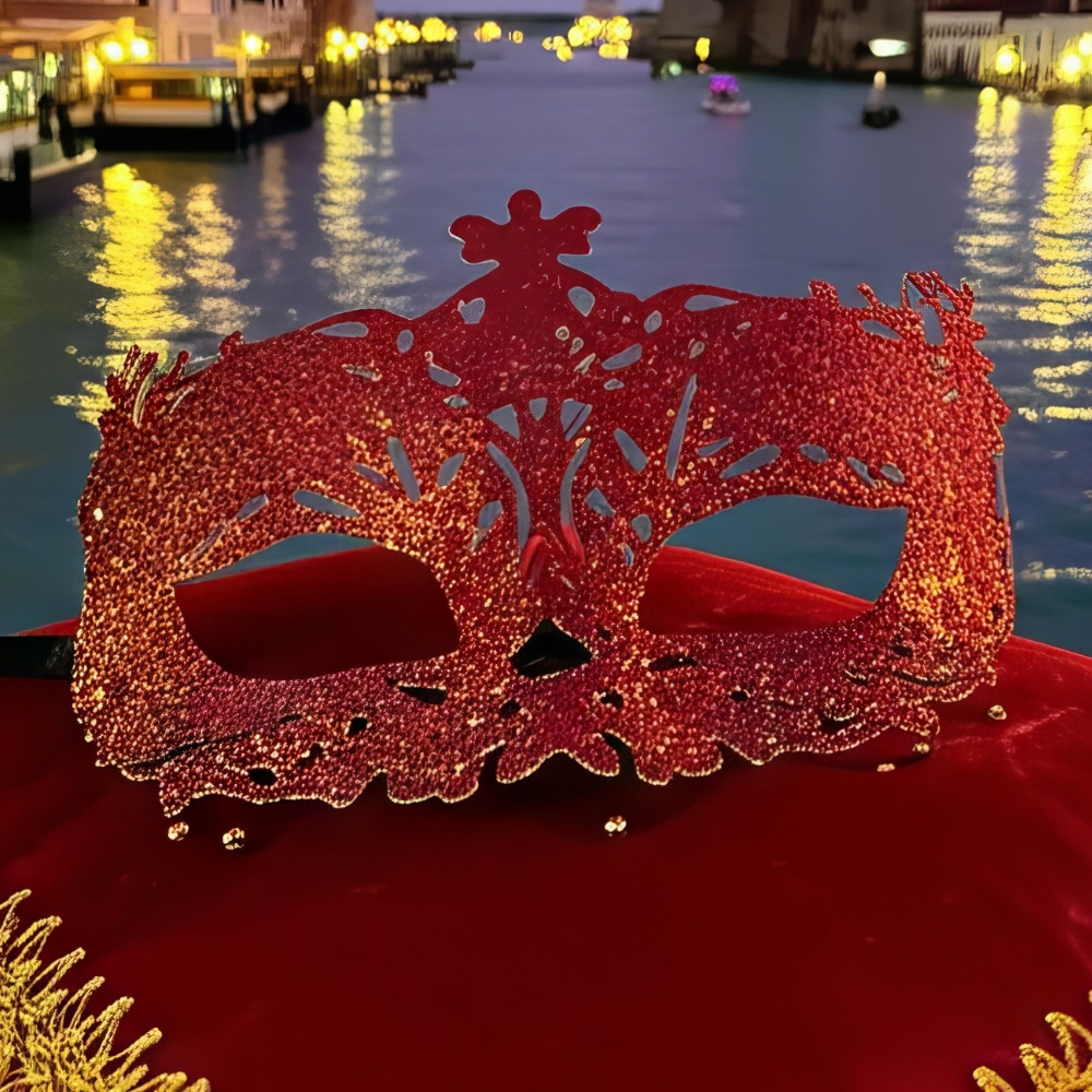 Masque vénitien loup femme rouge pailleté avec décor baroque en dentelle métallique sur fond de canal éclairé