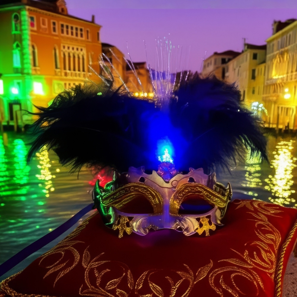 Masque vénitien lumineux doré avec plumes noires et lumière bleue, posé sur un coussin rouge brodé, fond canal de Venise au crépuscule