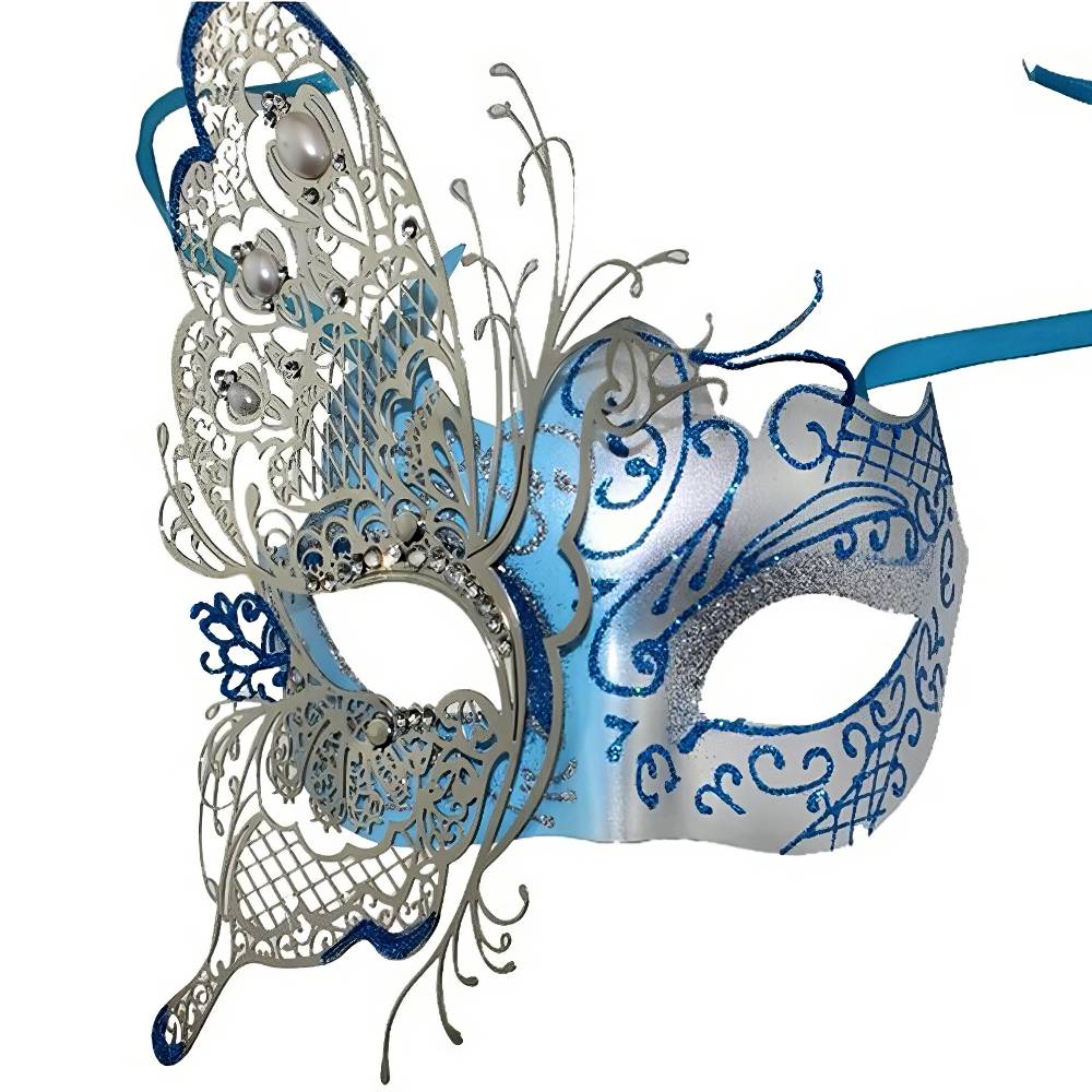 Masque vénitien papillon en métal argenté et bleu avec motifs baroques et ornements ajourés