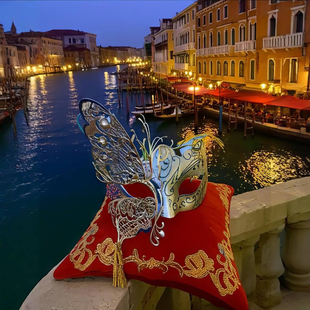Masque vénitien papillon argenté avec détails baroques posé sur un coussin rouge brodé, vue nocturne sur un canal de Venise en arrière-plan