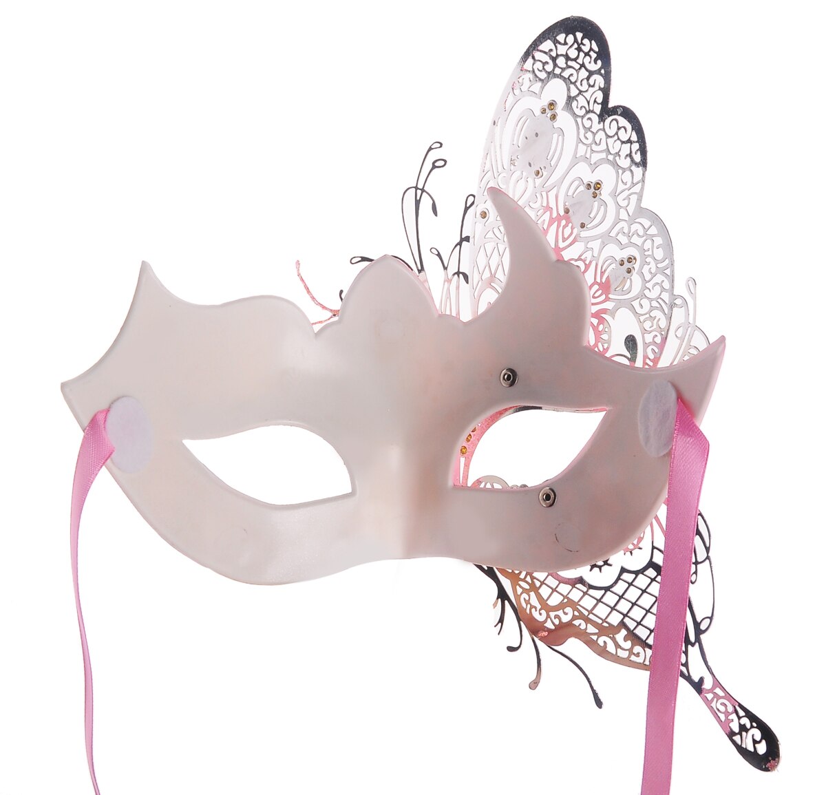Masque vénitien papillon blanc avec décor en dentelle noire et ruban rose