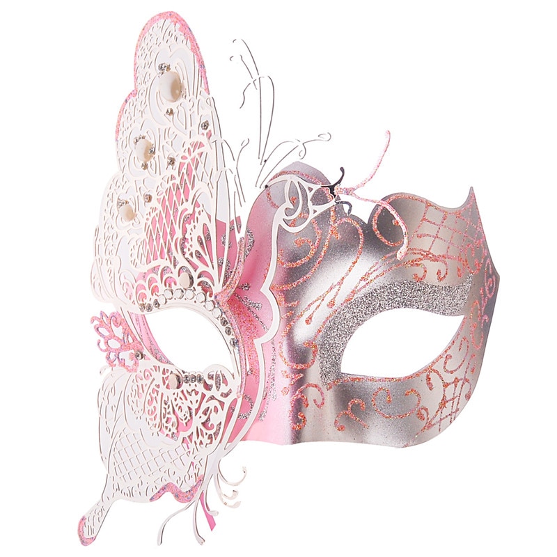 Masque vénitien papillon en métal rose et argenté avec motifs baroques et décorations ajourées