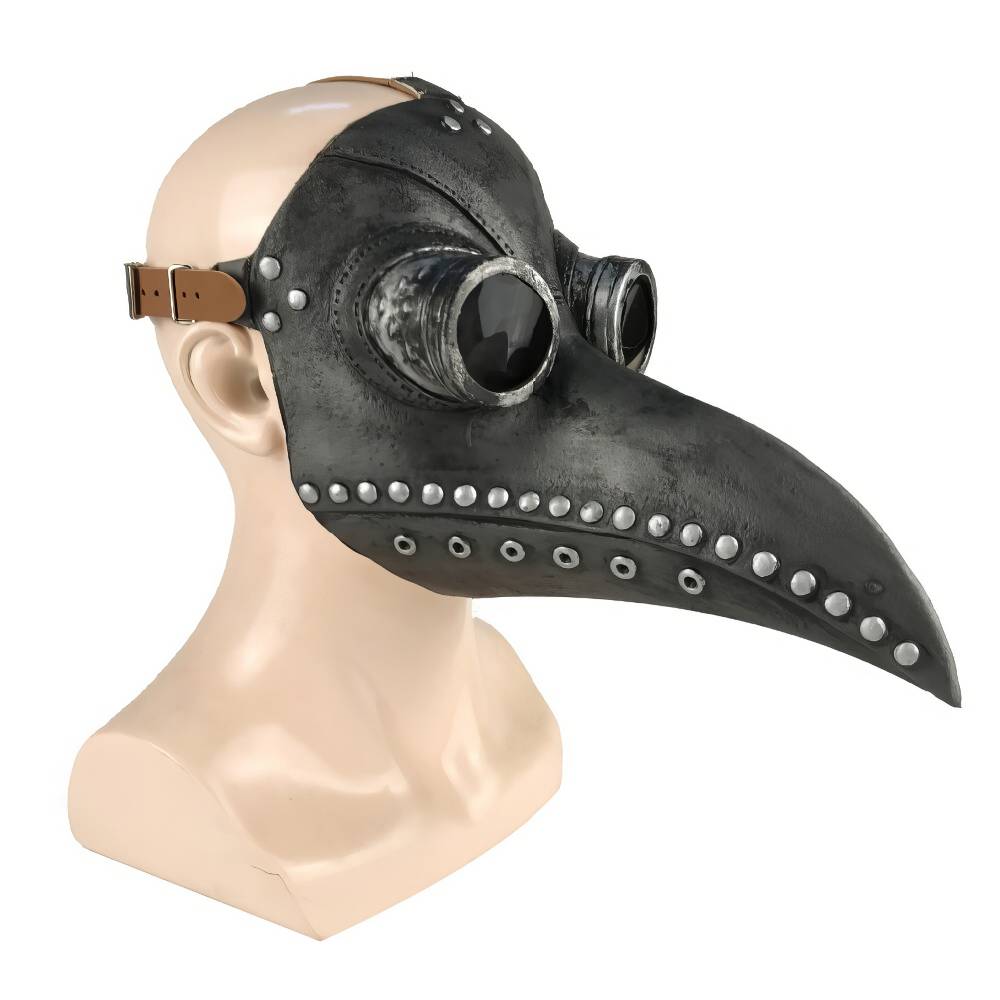 Masque vénitien peste noir en cuir avec lunettes rondes et rivets métalliques sur mannequin