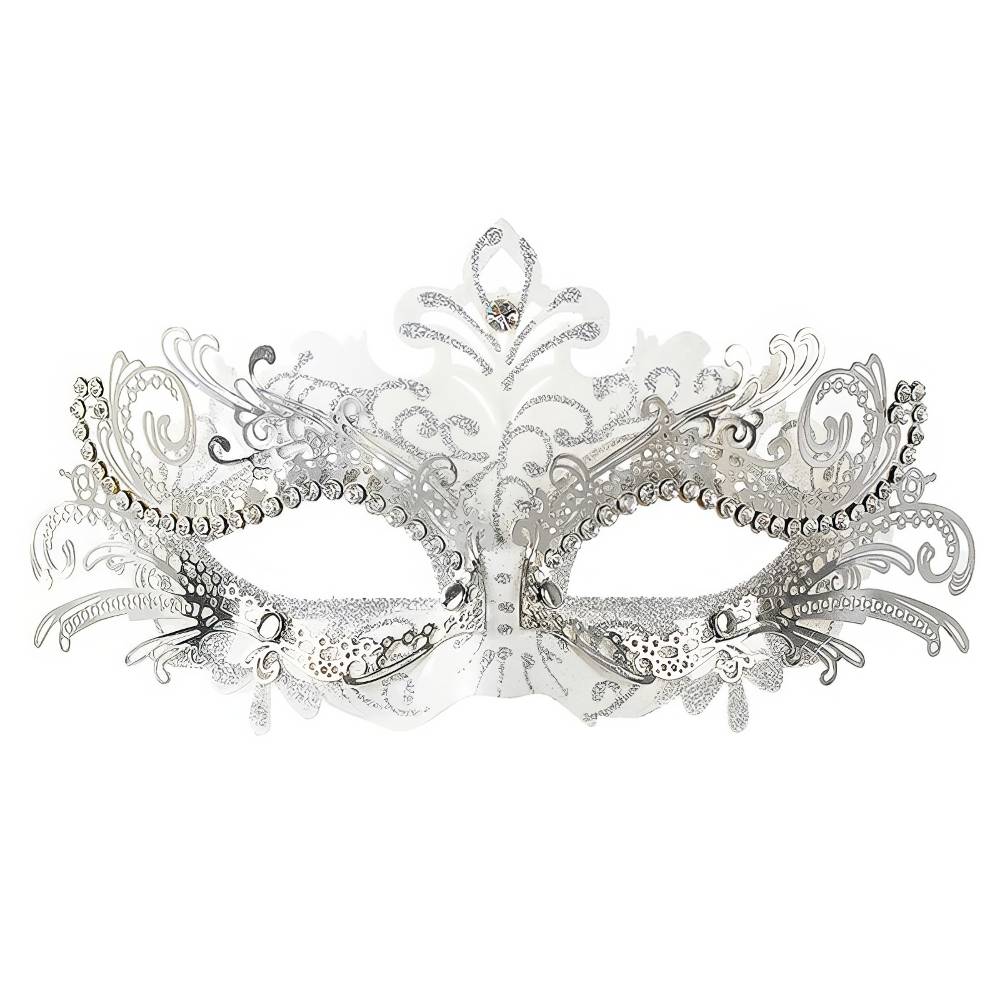 Masque vénitien plume blanc et argenté avec décorations baroques et strass