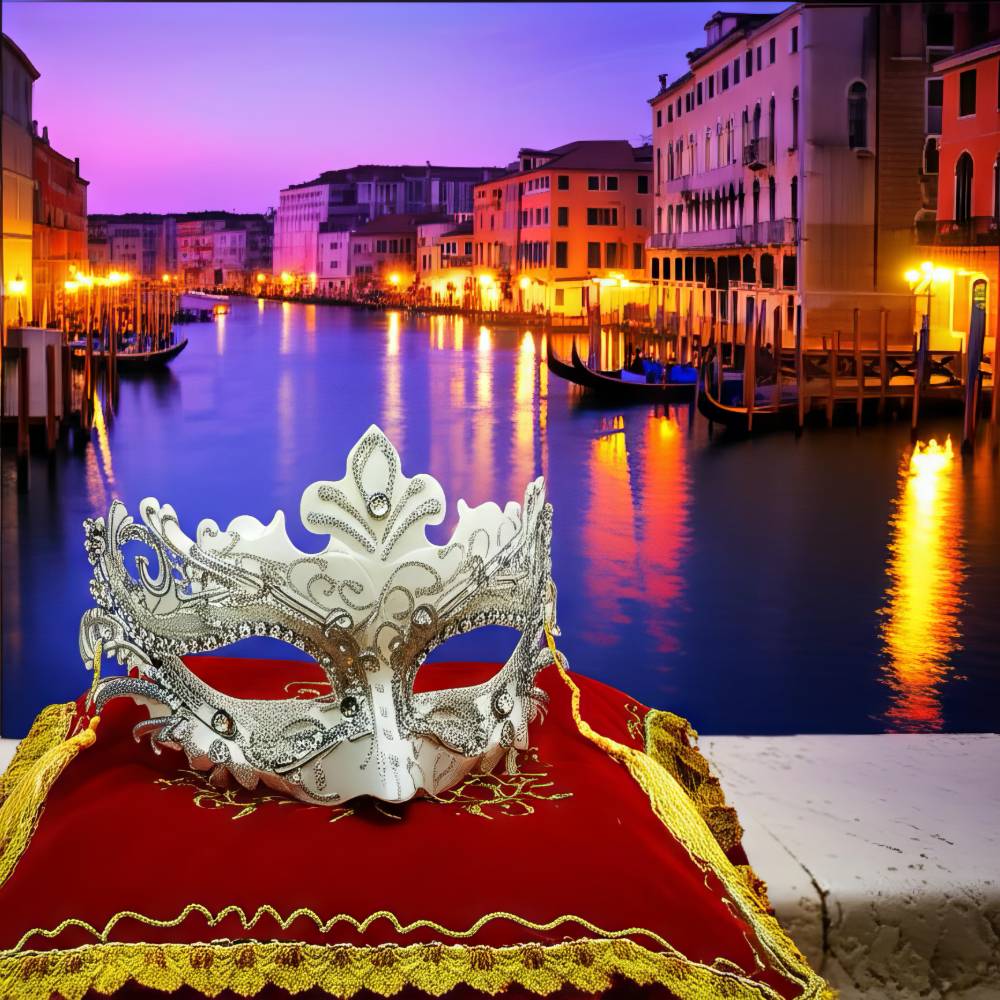 Masque vénitien plume blanc et argenté avec strass posé sur un coussin rouge brodé or, fond canal de Venise au crépuscule