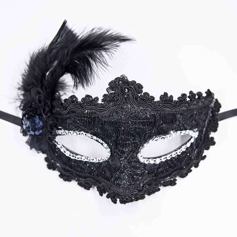 Masque vénitien plume noir en dentelle avec strass et plume noire décorative sur le côté