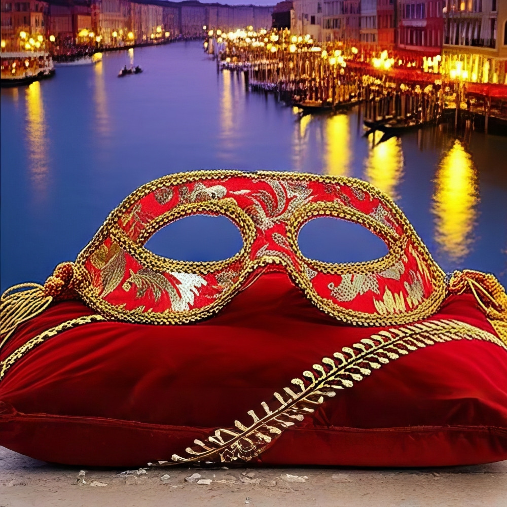 Masque vénitien rouge en tissu brodé or avec motifs baroques posé sur un coussin rouge décoré de galon doré, fond canal de Venise illuminé au crépuscule