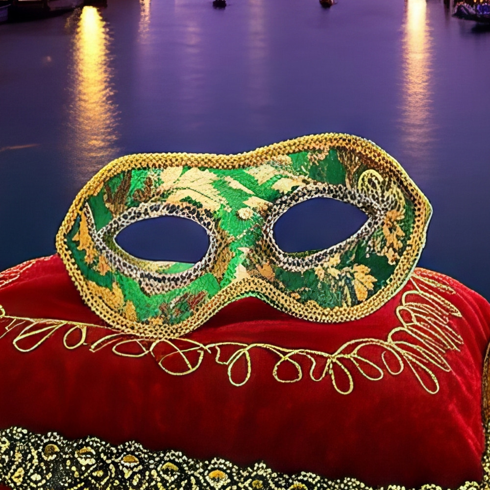Masque vénitien vert en tissu avec motifs dorés et bordure dorée, posé sur un coussin rouge brodé