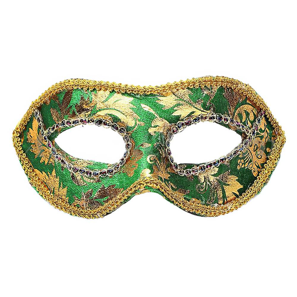 Masque vénitien vert en tissu avec motifs dorés et bordure dorée, vue de face