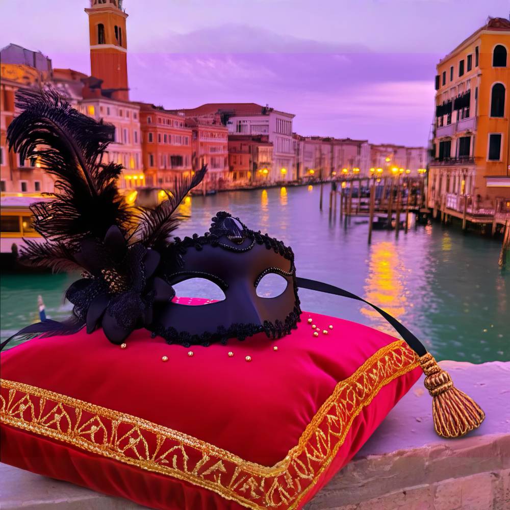 Masque de bal vénitien noir avec plume élégante posé sur un coussin rouge orné de franges dorées, vue de côté avec décor de canal vénitien en arrière-plan