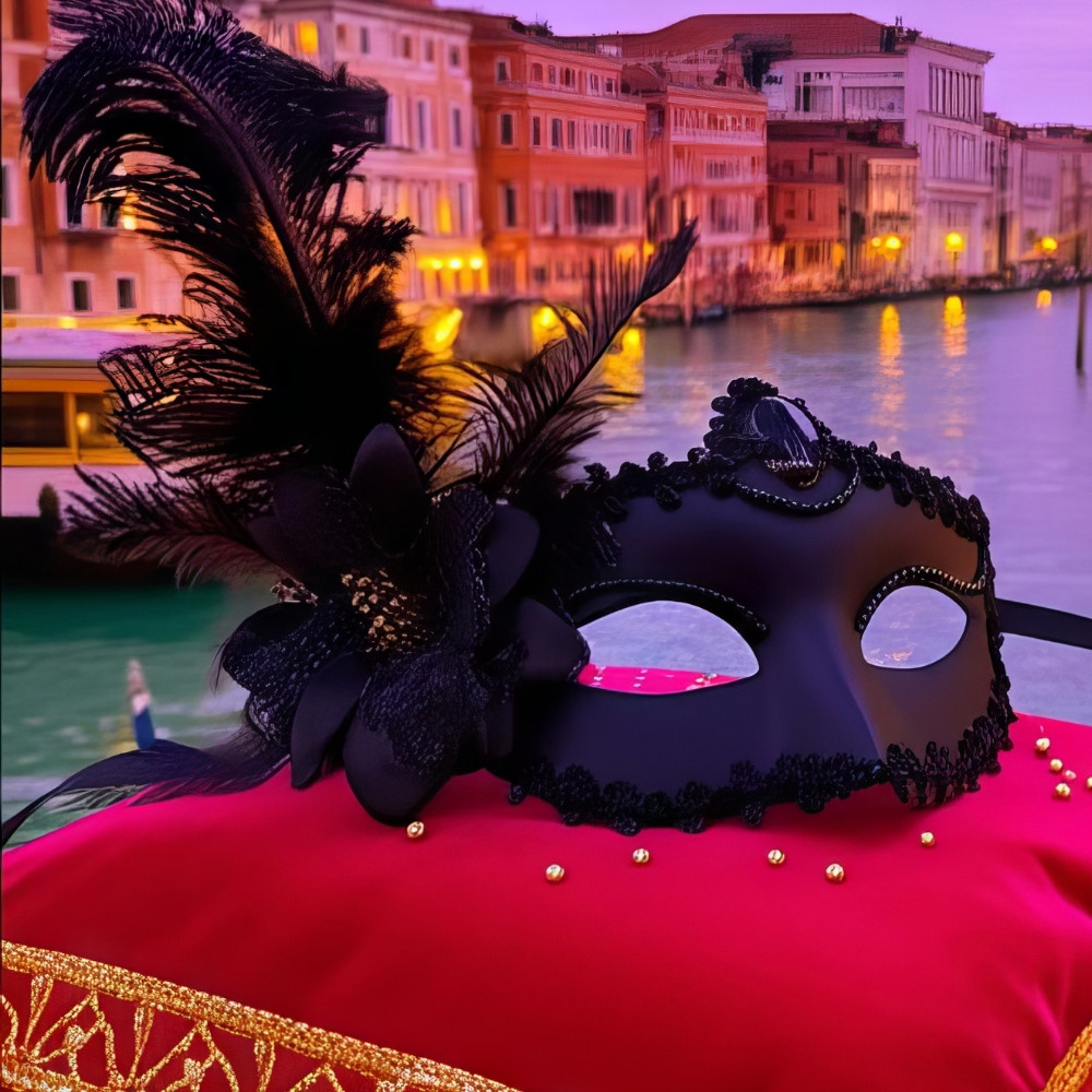 Masque de bal vénitien noir orné de plumes élégantes et décorations baroques posé sur un coussin rouge brodé, fond canal de Venise au crépuscule