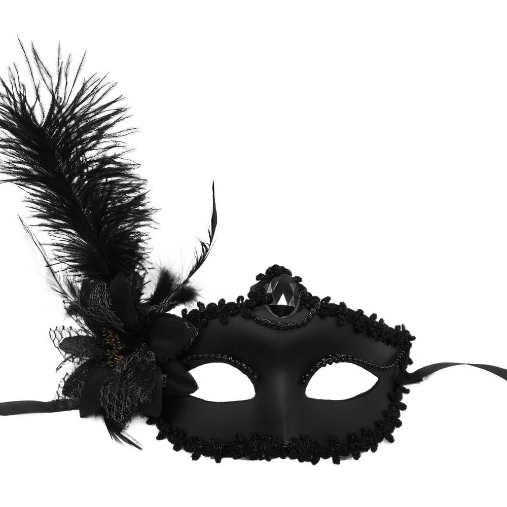 Masque de bal vénitien noir avec plume élégante noire et décoration florale en dentelle