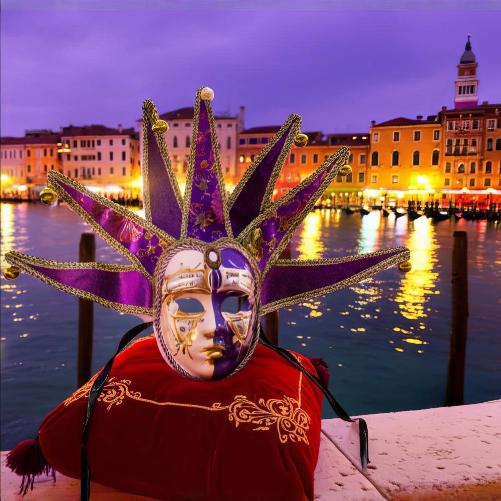 Masque Vénitien Bouffon Violet Et Doré Gala Élégant