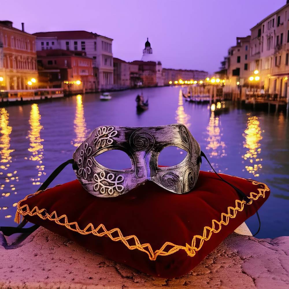 Masque Carnaval de Venise argent antique en gros plan posé sur un coussin rouge avec bordure dorée, fond canal vénitien au crépuscule