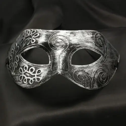 Masque Carnaval de Venise argent antique en métal avec motifs gravés en spirale et arabesques décoratives