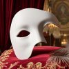Masque carnaval de Venise blanc demi-visage en matière lisse avec forme asymétrique et nez proéminent