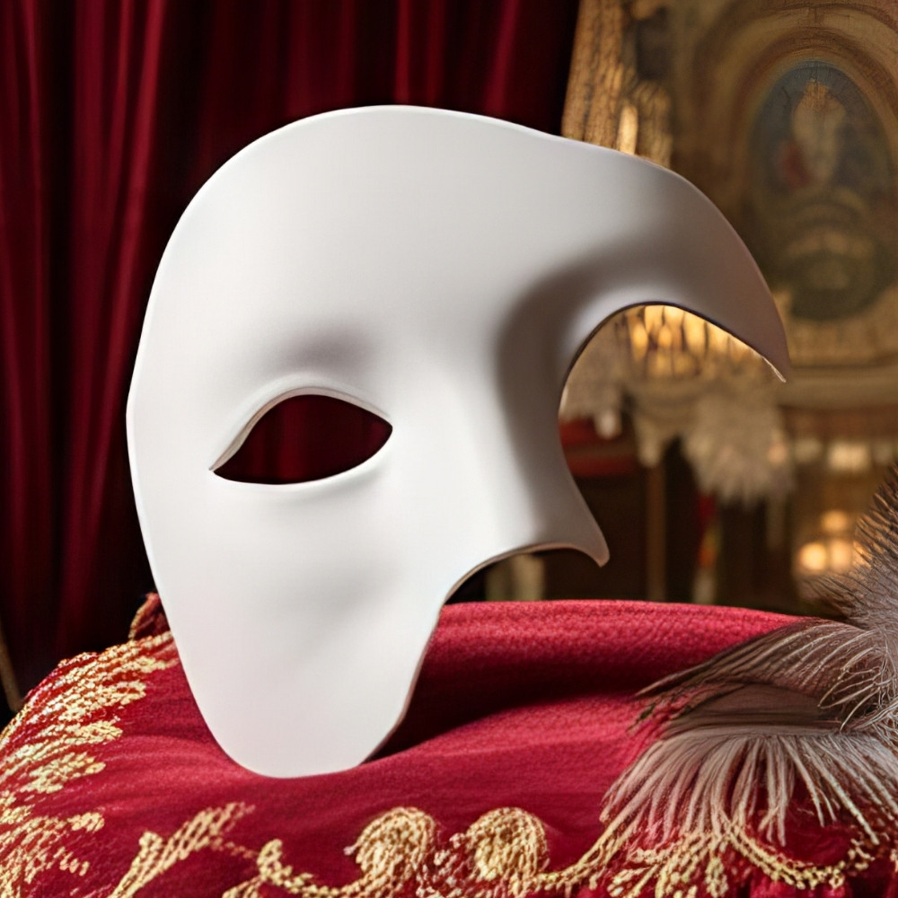 Masque carnaval de Venise blanc demi-visage en matière lisse avec forme asymétrique et nez proéminent