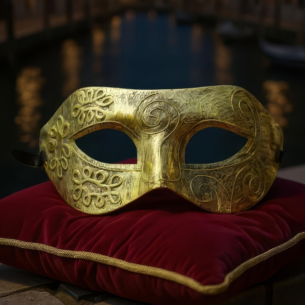 Masque Carnaval de Venise doré antique en métal avec motifs gravés, posé sur un coussin rouge velours
