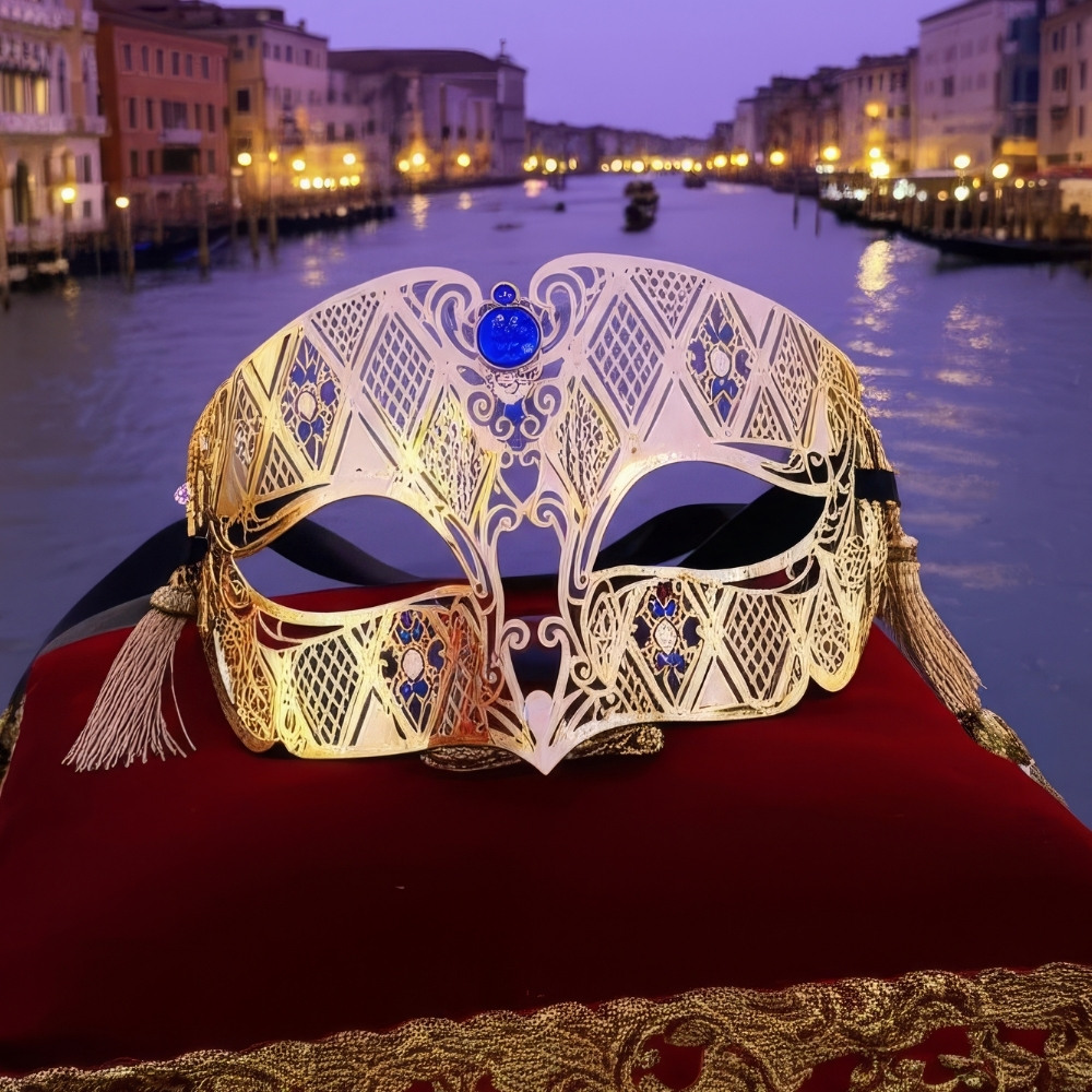 Masque Carnaval de Venise doré en métal ajouré avec pierres bleues, décor baroque et franges latérales, posé sur tissu rouge avec canal vénitien en arrière-plan